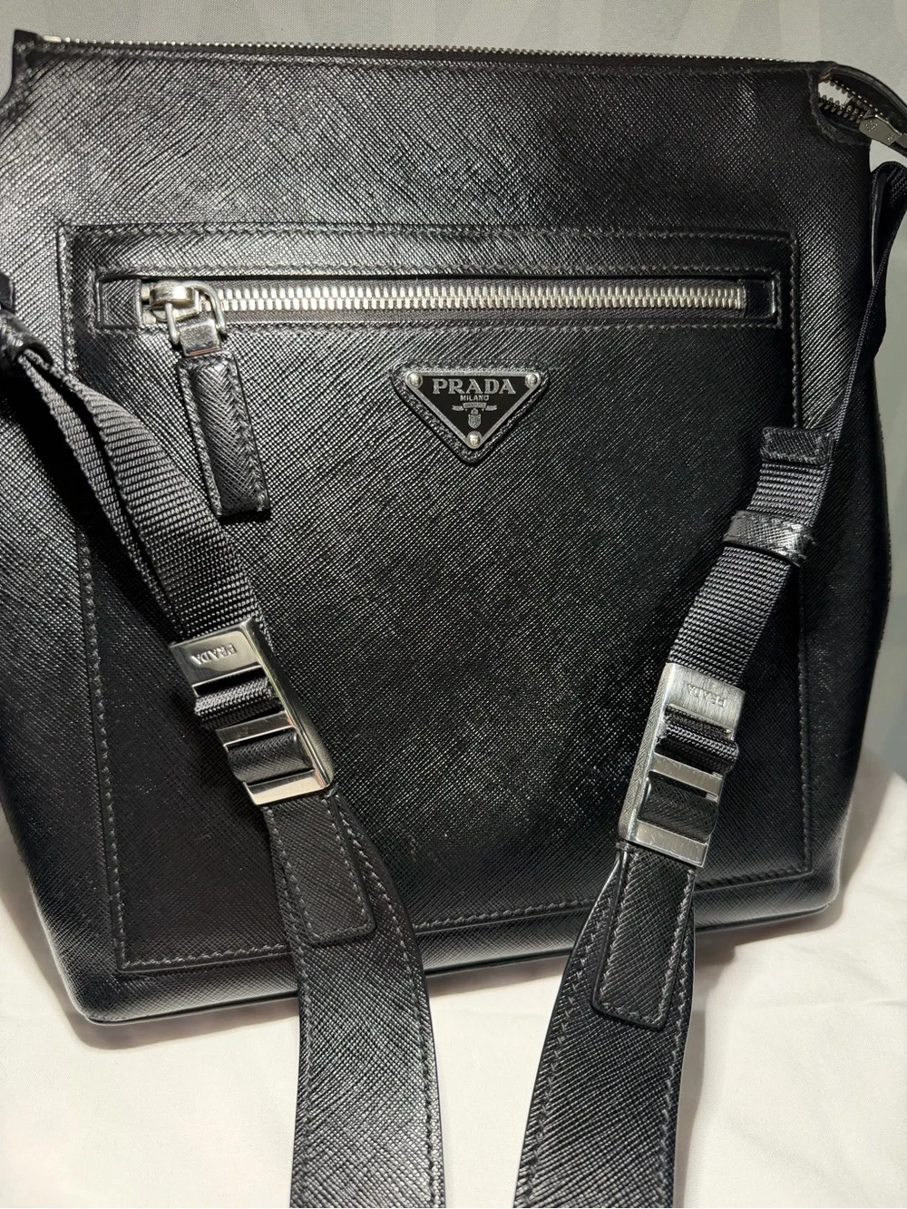 Prada Black Saffiano Leather Messenger Bag with Silver Hardware